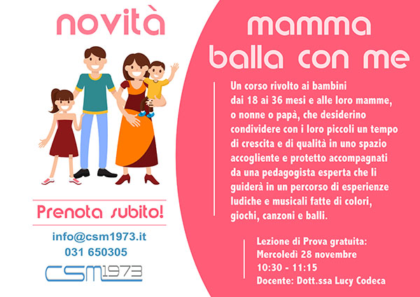 Mamma balla con me. Un'altra novità! Un corso rivolto ai bambini dai 18 ai 36 mesi e alle loro mamme, o nonne o papà che desiderino condividere con i loro piccoli un tempo di crescita e di qualità in uno spazio accogliente e protetto accompagnati da una pedagogista esperta che li guiderà in un percorso di esperienze ludiche e musicali fatte di colori, giochi canzoni e balli. Lezione di Prova gratuita: Mercoledì 28 novembre 2018 h. 10:30-11:15 Docente: Dott.ssa Lucy Codeca Prenota la lezione di prova. info@csm1973.it 031 650305 Centro Sportivo Merone www.csm1973.it #piscine #palestre #danza #fitness #ems #merone #erba #como #lecco